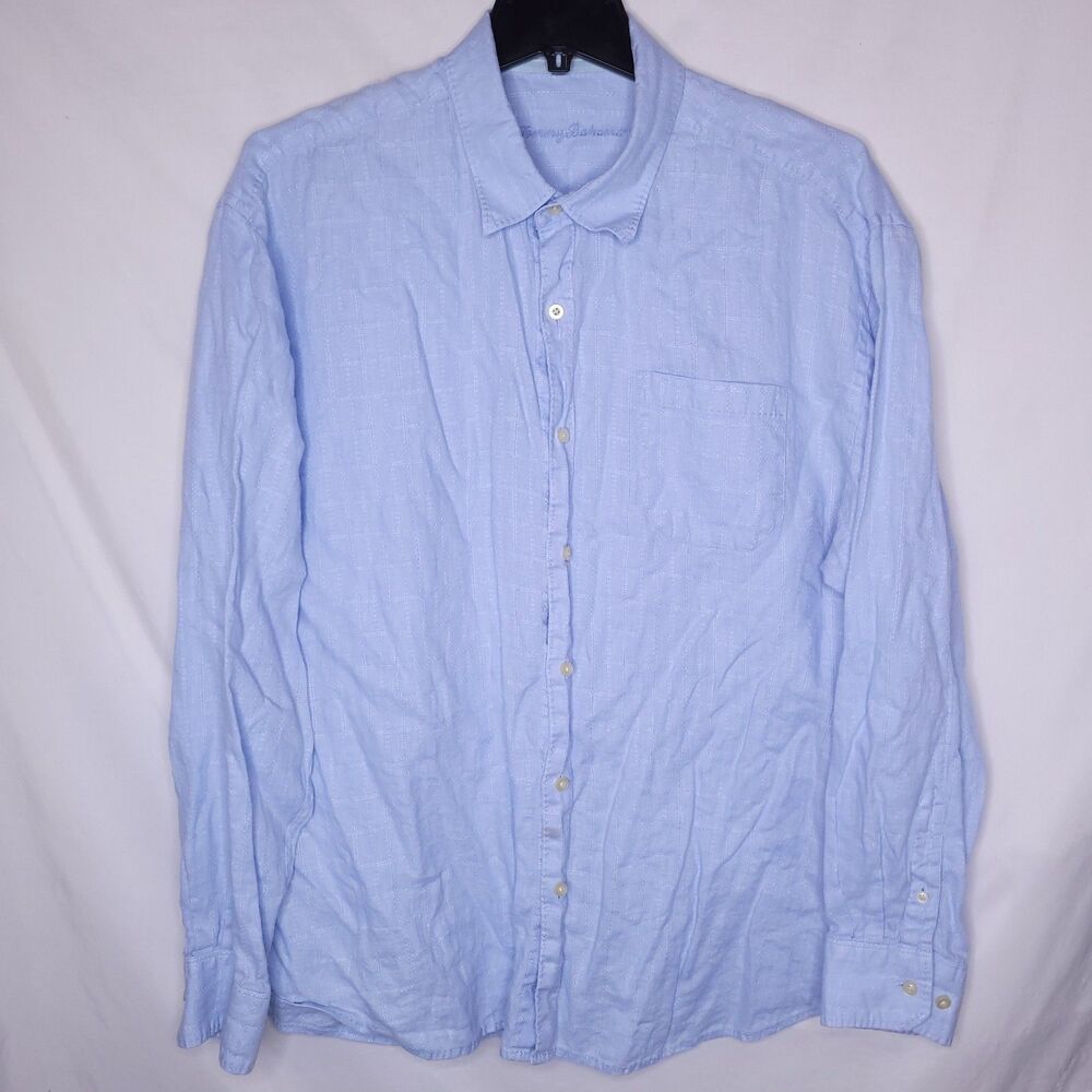 Tommy Bahama Linen Shirt Mens 2XL Light Blue Check Long Sleeve